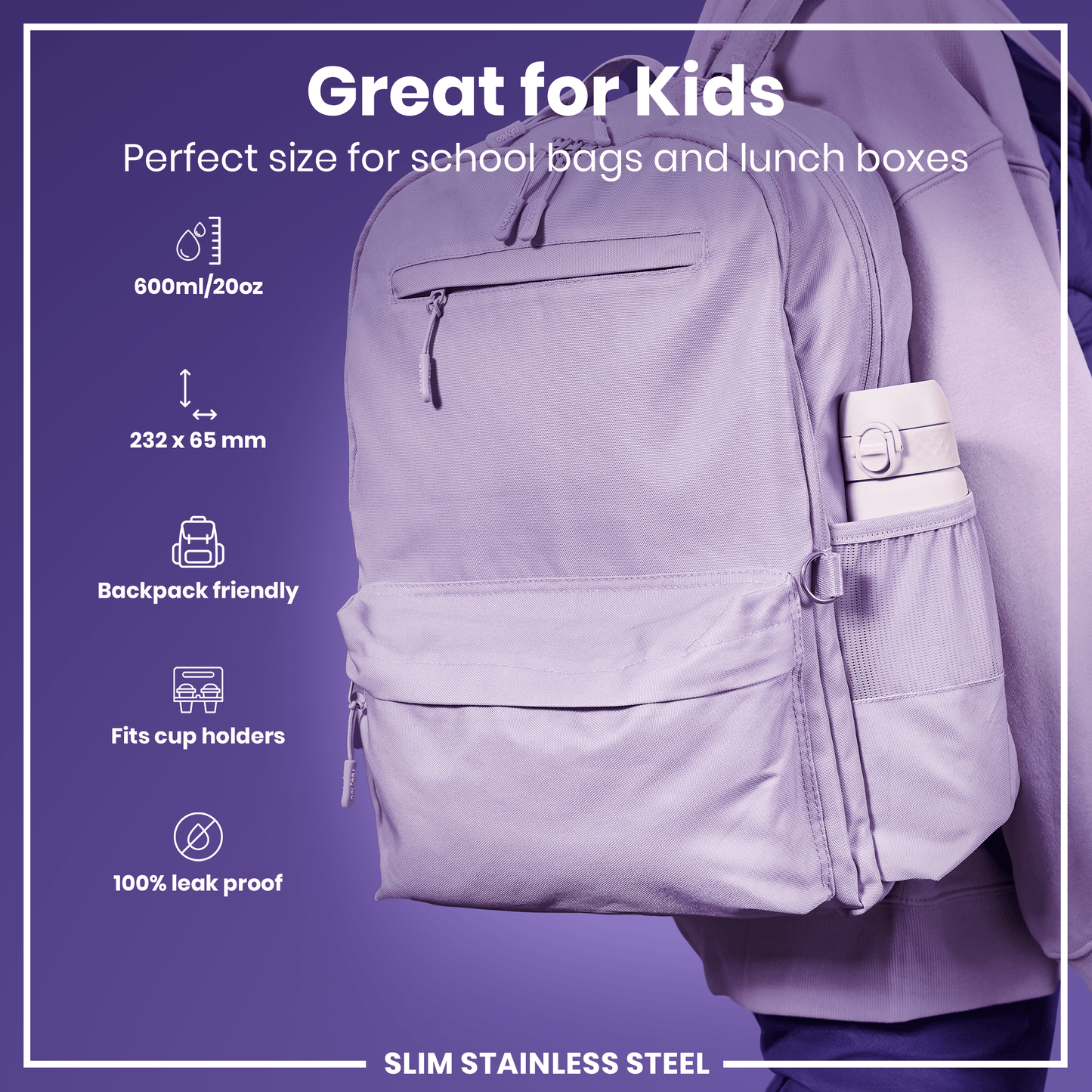 Leak Proof Slim Water Bottle, Stainless Steel, Lilac Dusk, 600ml (20oz)