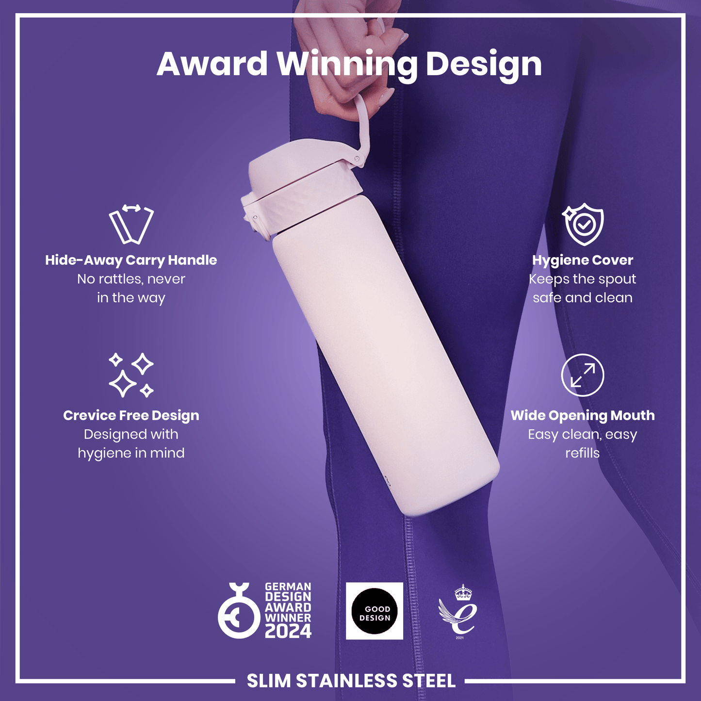 Leak Proof Slim Water Bottle, Stainless Steel, Lilac Dusk, 600ml (20oz)