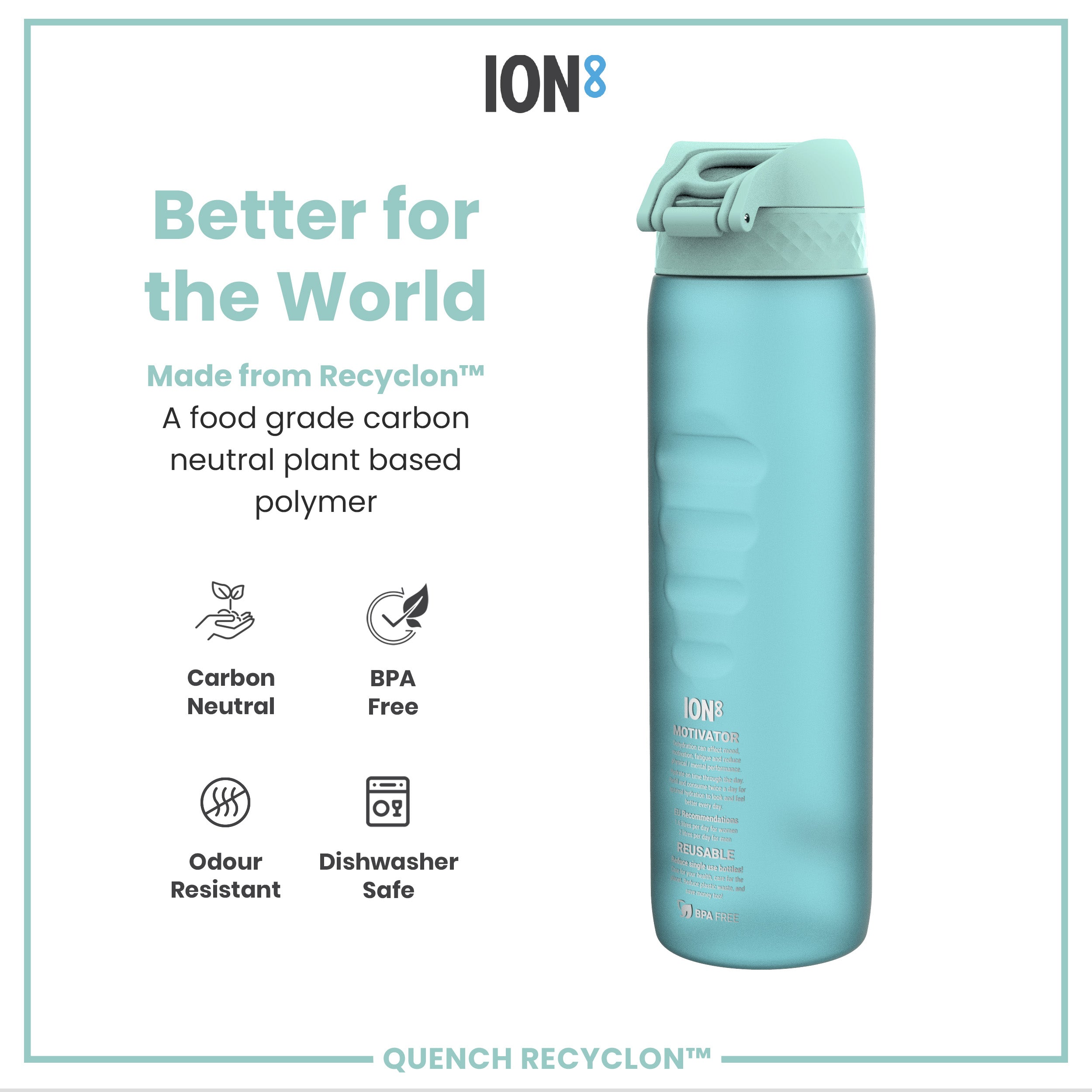 Leak Proof 1 Litre Water Bottle with Times to Drink, Recyclon, Sonic Blue, 1L