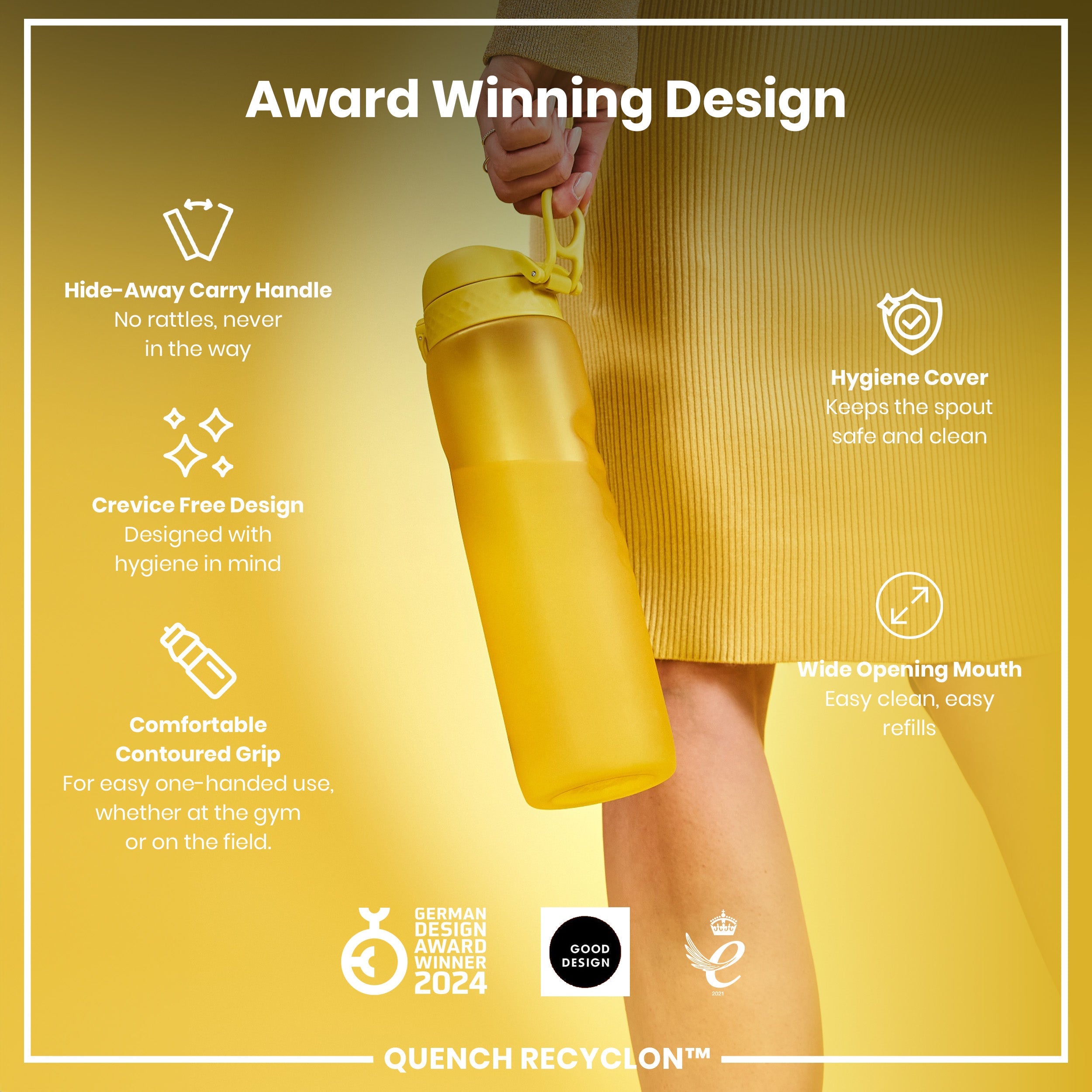 Leak Proof 1 litre Water Bottle, Recyclon, Yellow, 1L