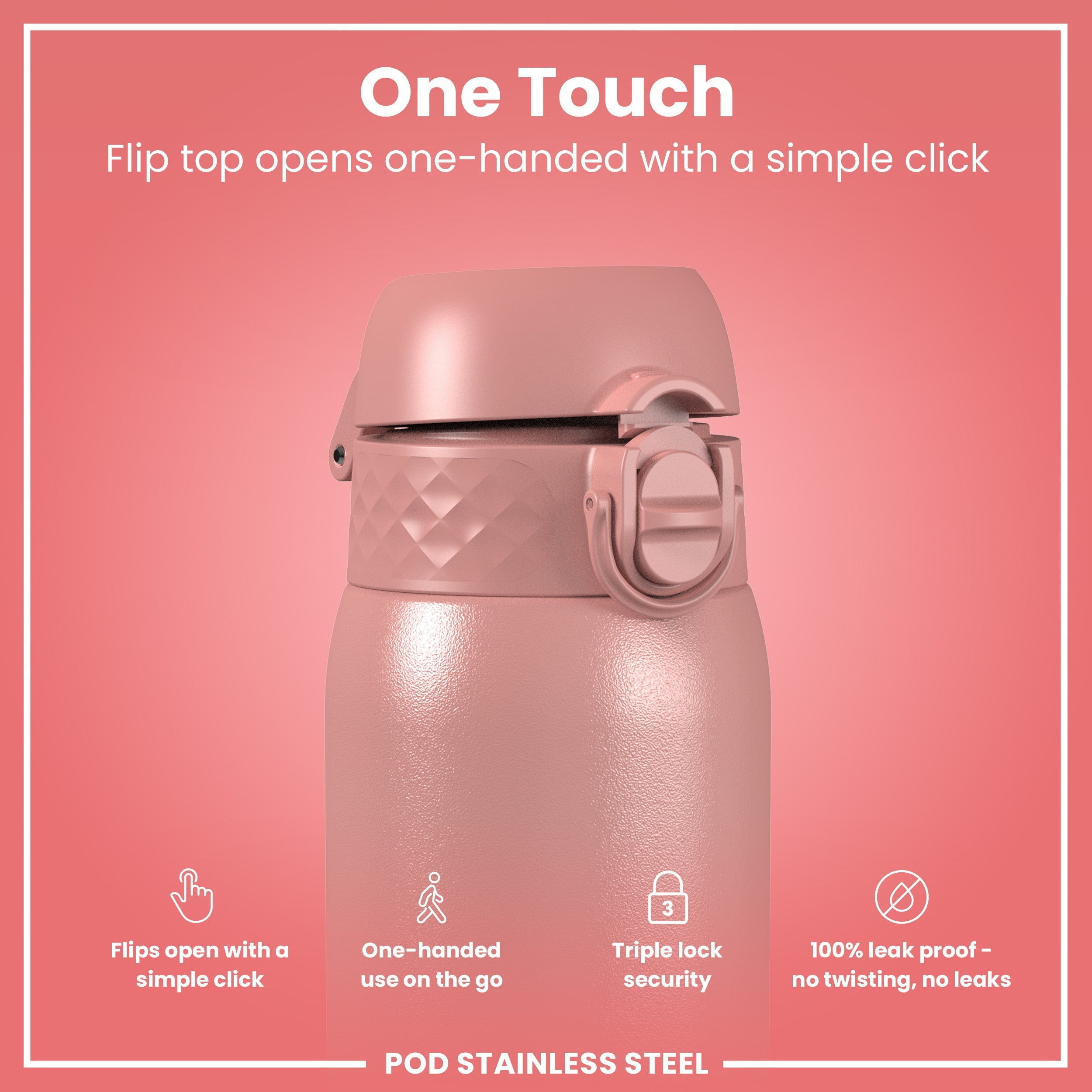 Leak Proof Kids Water Bottle, Stainless Steel, Ash Rose, 400ml (13oz)