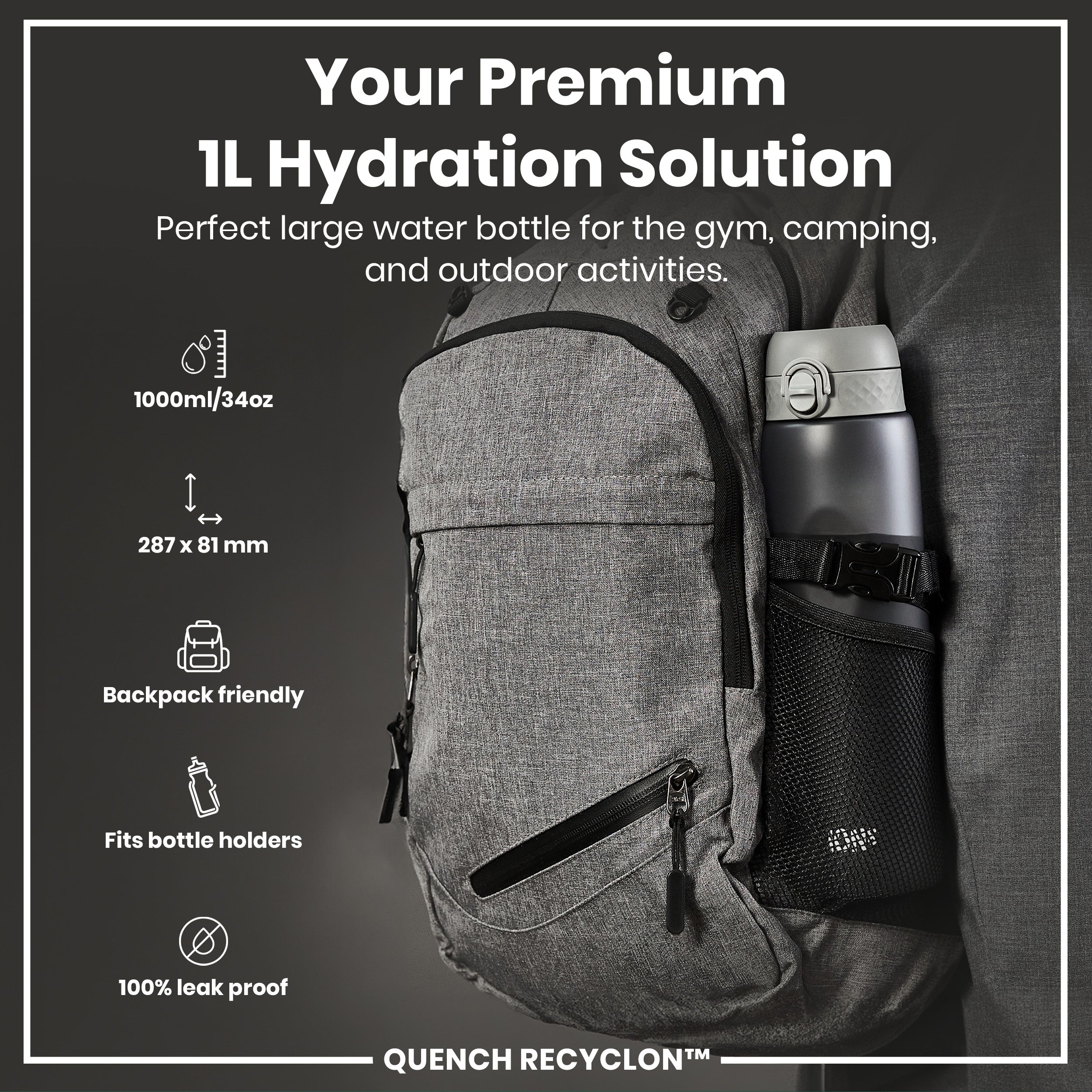 Leak Proof 1 litre Water Bottle, Recyclon, Grey, 1L