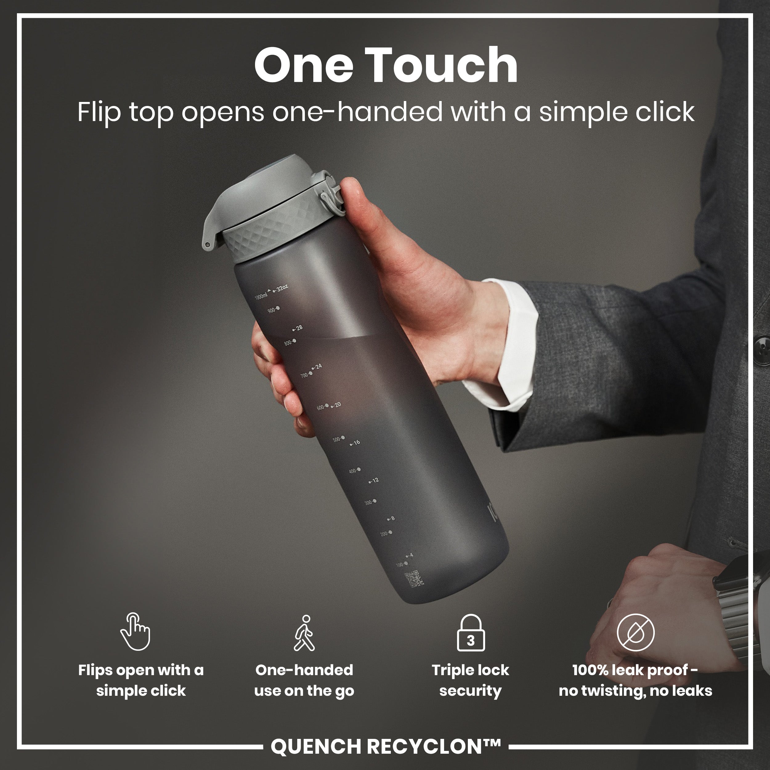 Leak Proof 1 litre Water Bottle, Recyclon, Grey, 1L