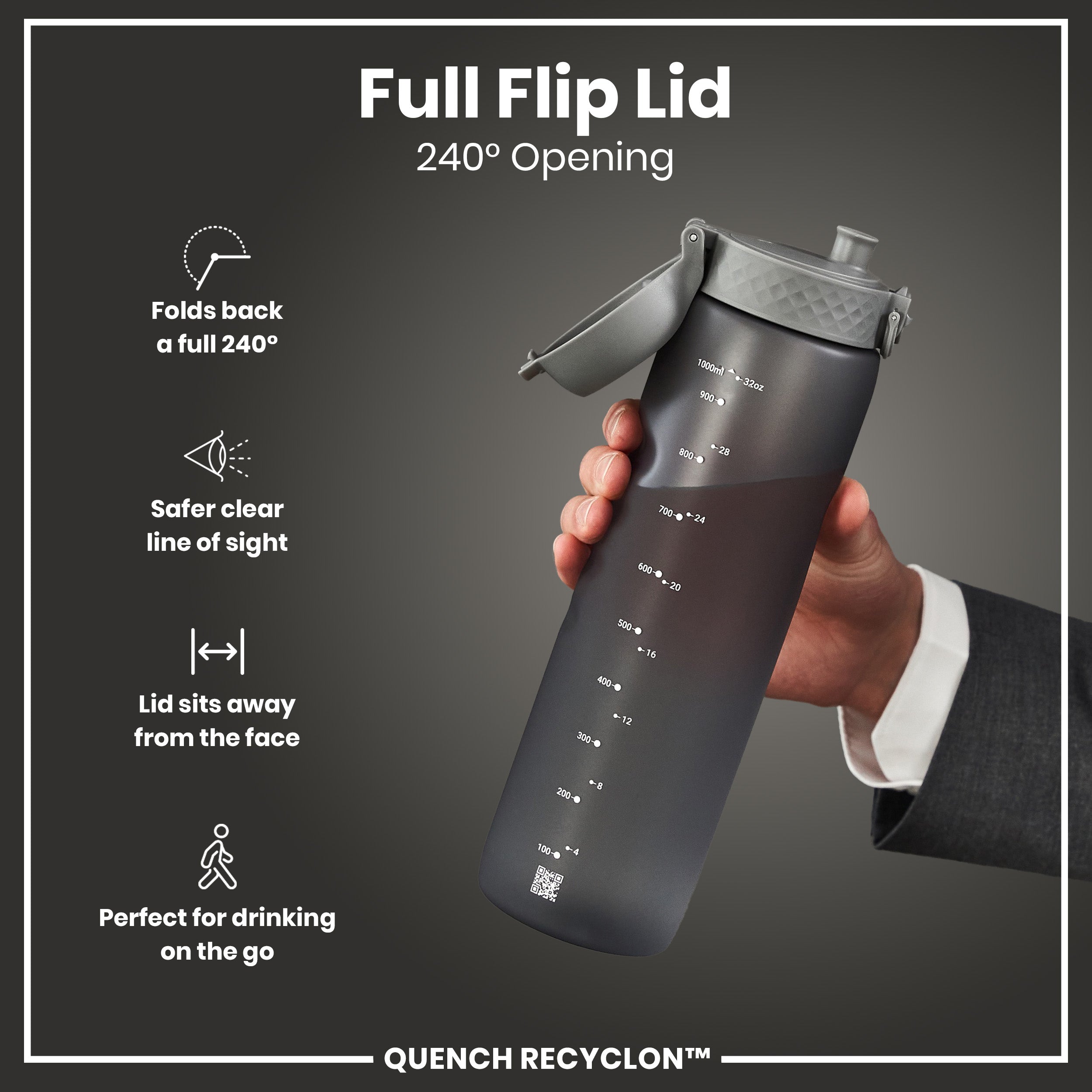 Leak Proof 1 litre Water Bottle, Recyclon, Grey, 1L