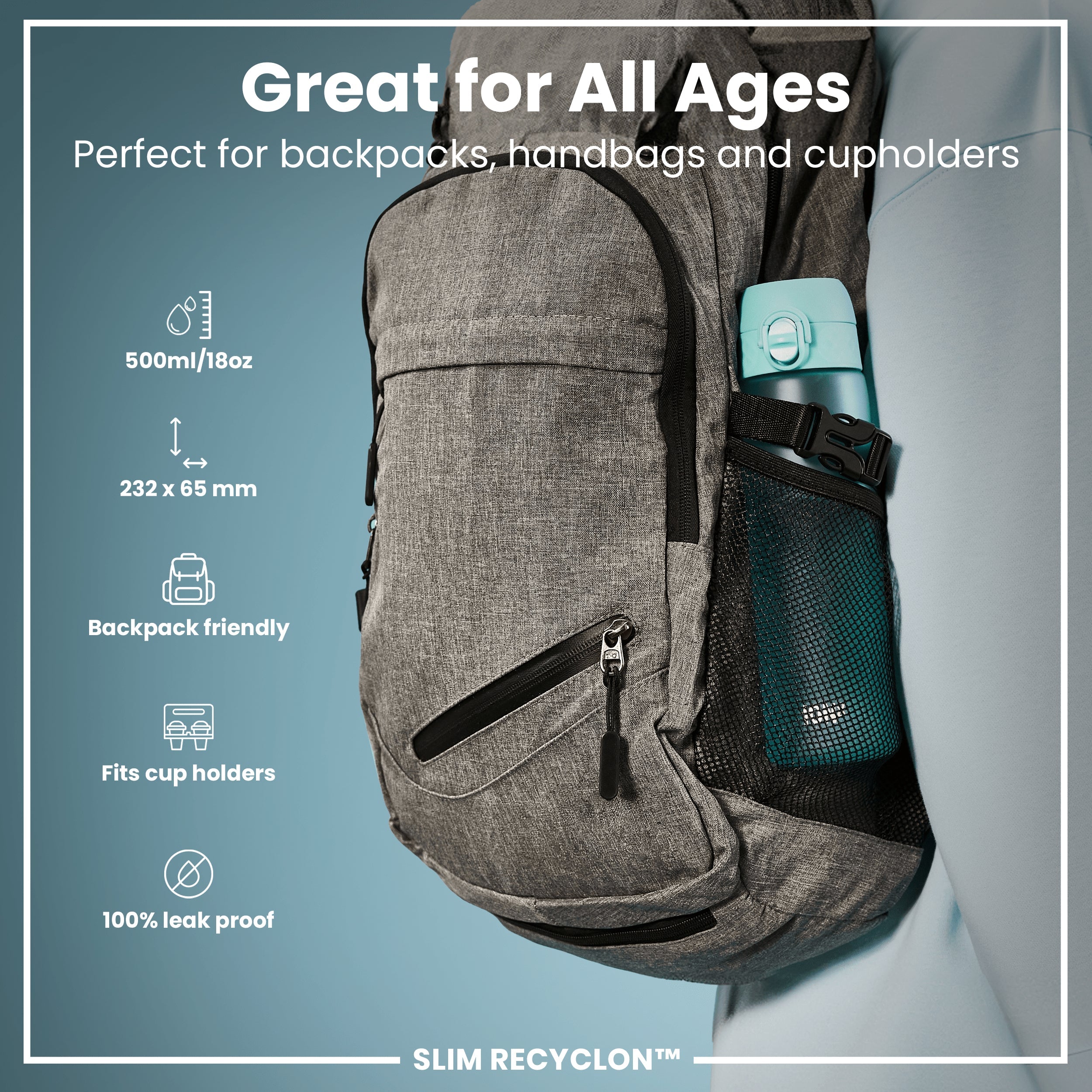 Leak Proof Slim Water Bottle, Recyclon, Sonic Blue, 500ml (18oz)