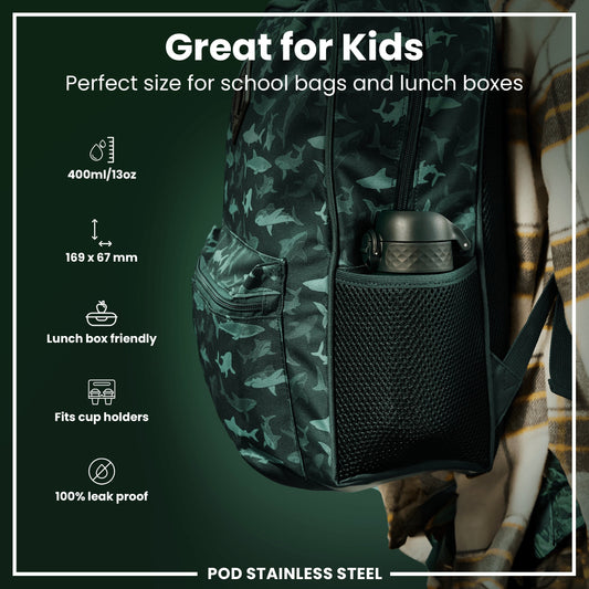 Leak Proof Kids Water Bottle, Stainless Steel, Dark Green, 400ml (13oz)