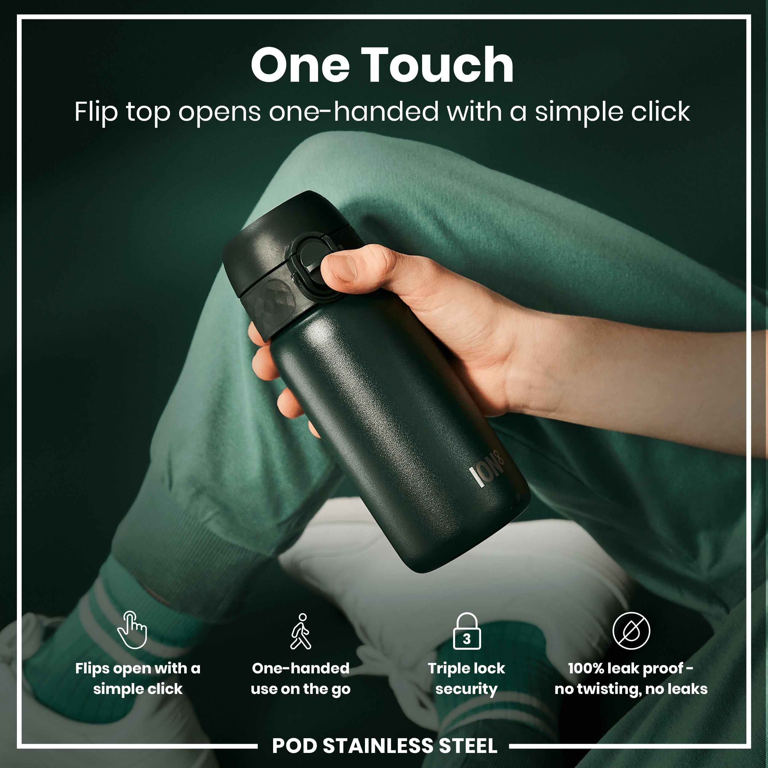 Leak Proof Kids Water Bottle, Stainless Steel, Dark Green, 400ml (13oz)