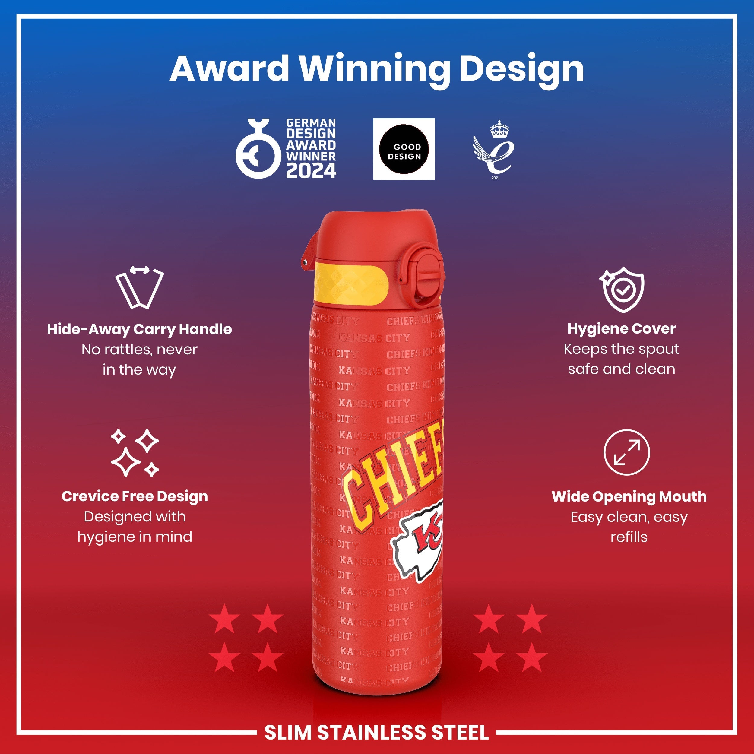 Leak Proof NFL Water Bottle, Stainless Steel, Kansas City Chiefs, 600ml (20oz)
