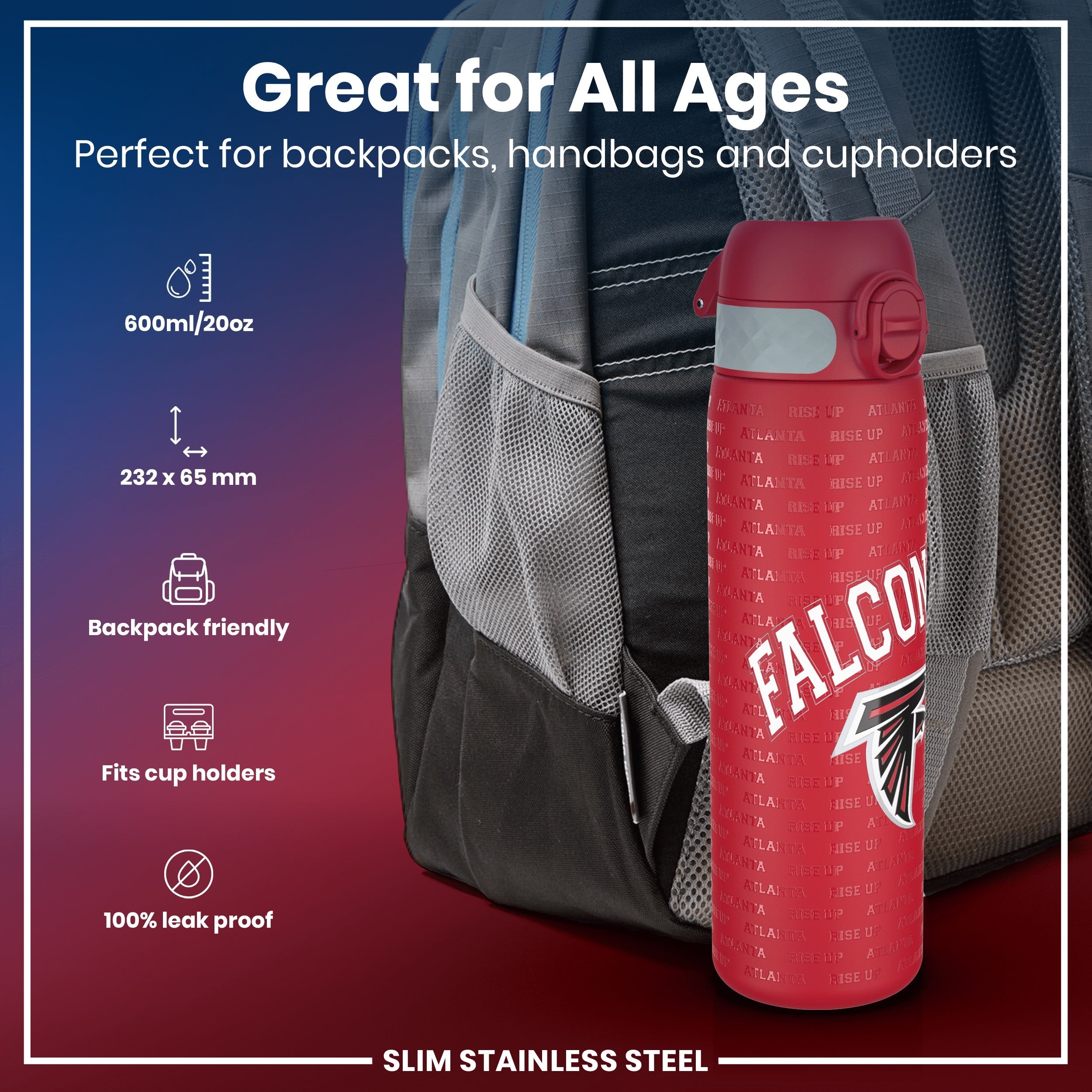 Leak Proof NFL Water Bottle, Stainless Steel, Atlanta Falcons, 600ml (20oz)