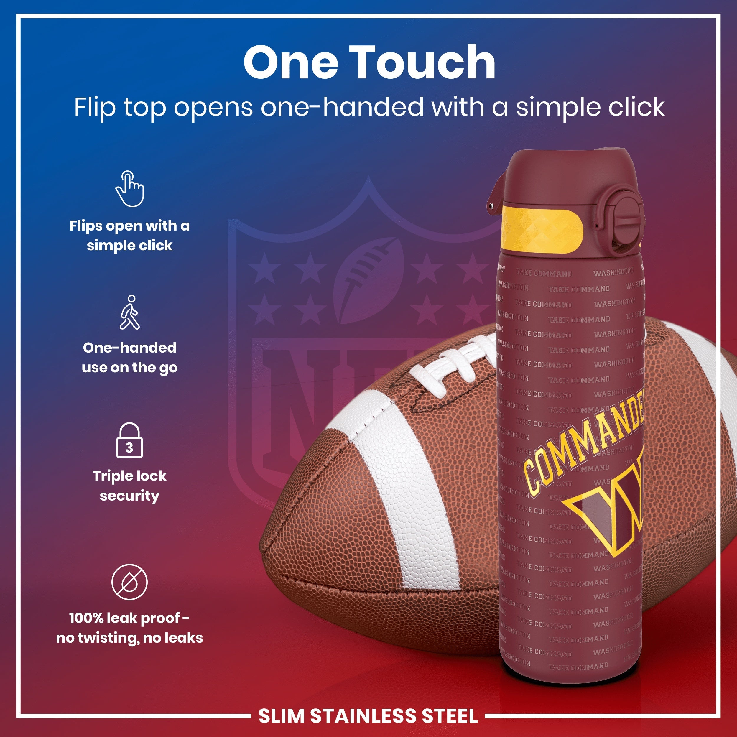 Leak Proof NFL Water Bottle, Stainless Steel, Washington Commanders, 600ml (20oz)