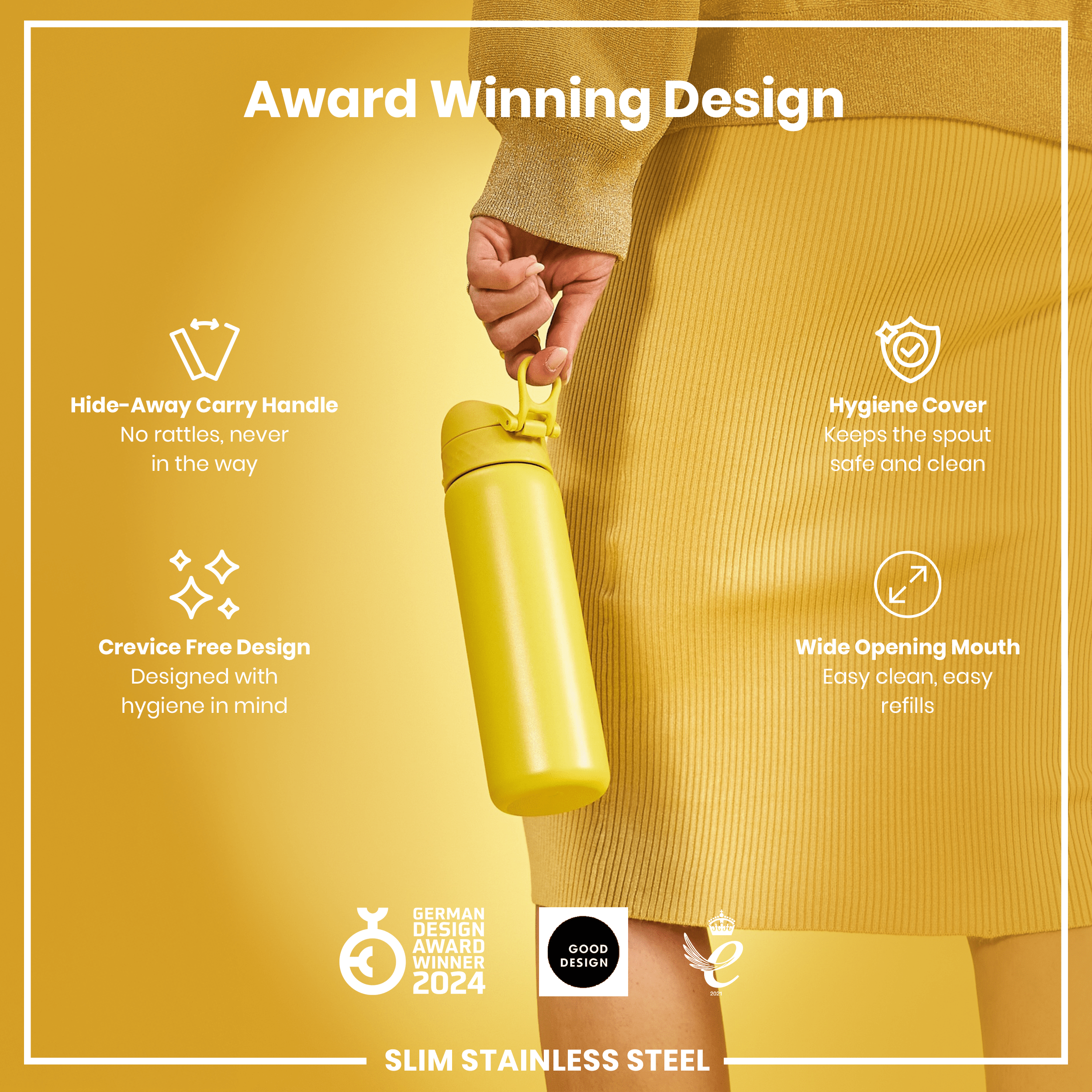 Leak Proof Slim Water Bottle, Stainless Steel, Yellow, 600ml (20oz)