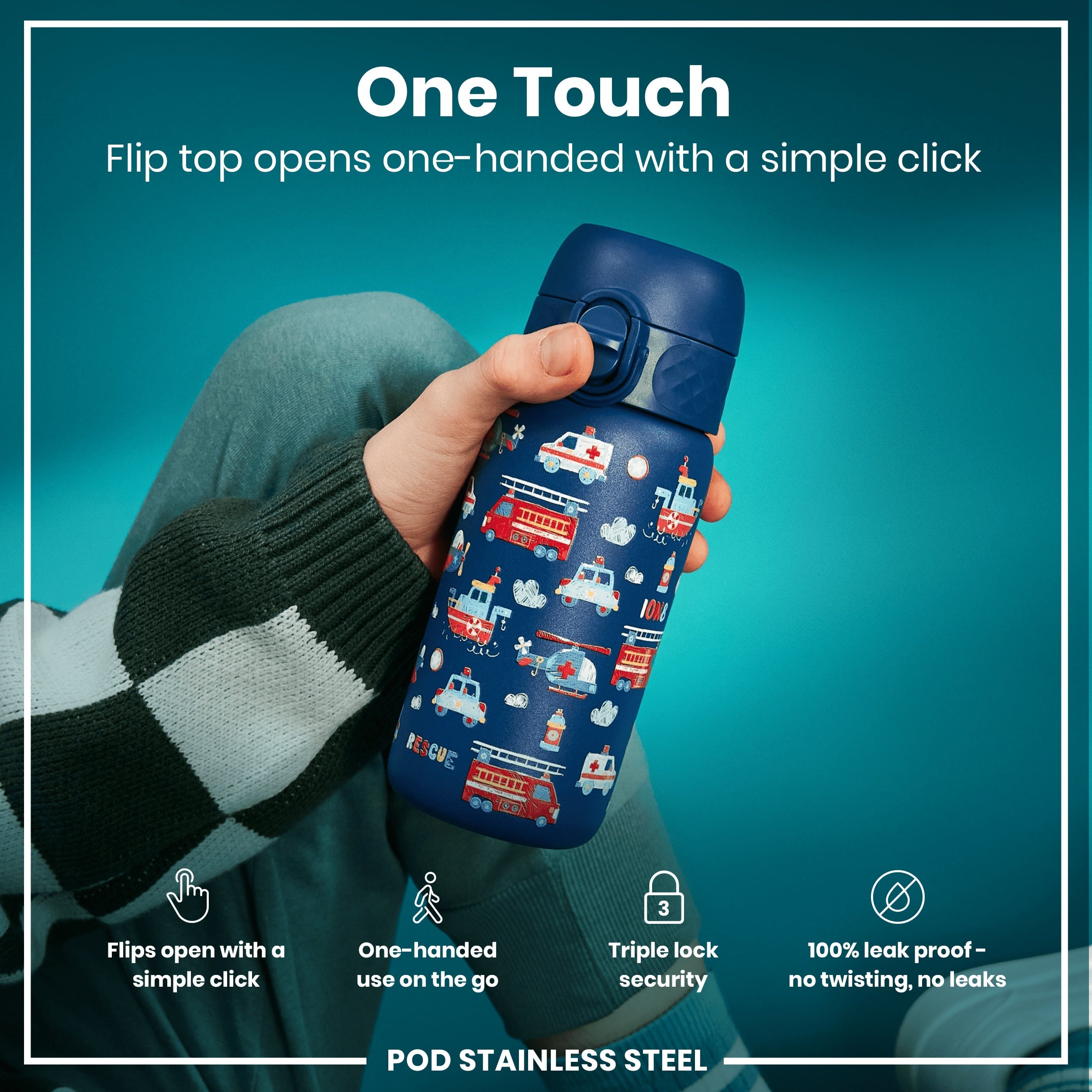 Leak Proof Kids Water Bottle, Stainless Steel, Rescue Vehicles, 400ml (13oz)