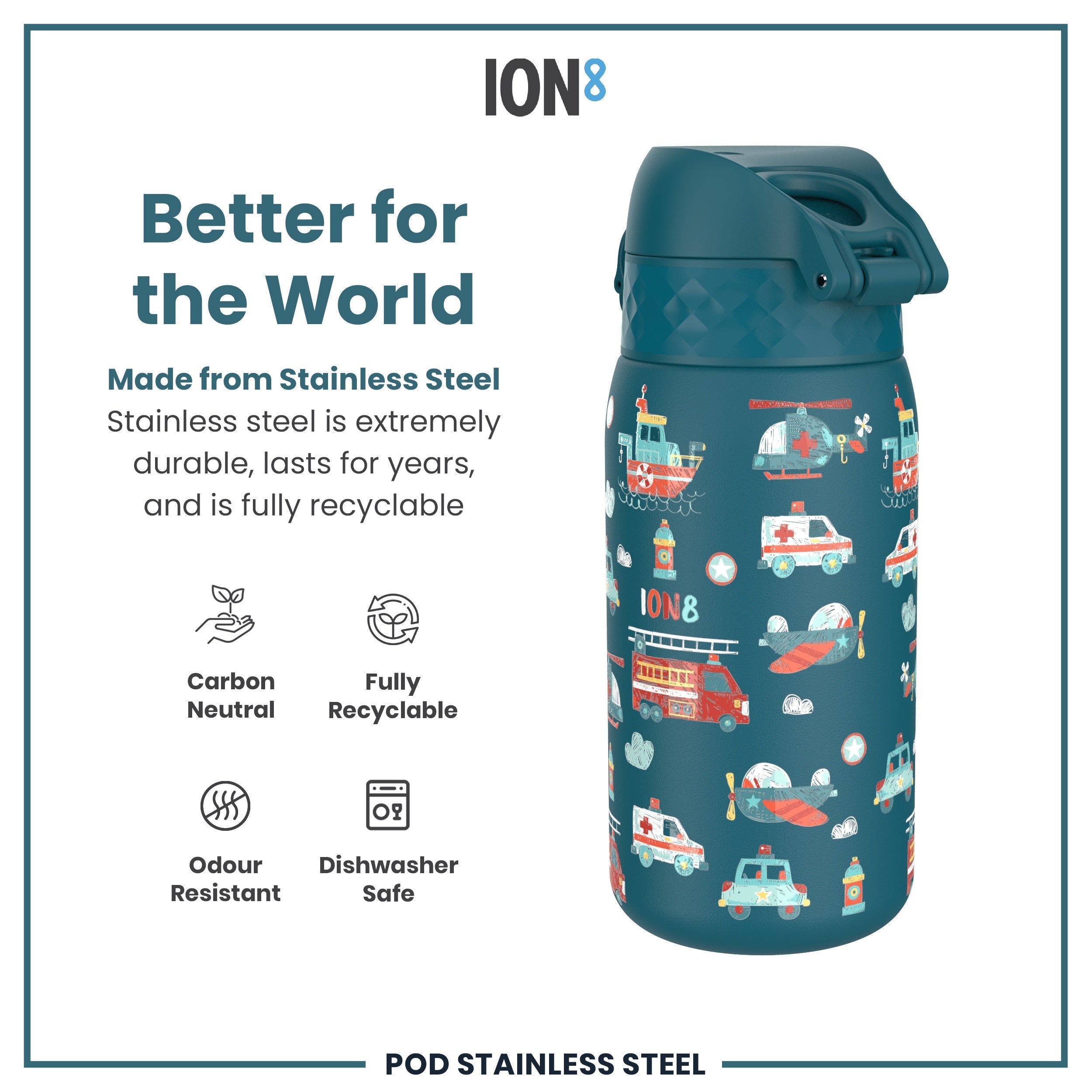 Leak Proof Kids Water Bottle, Stainless Steel, Rescue Vehicles, 400ml (13oz)