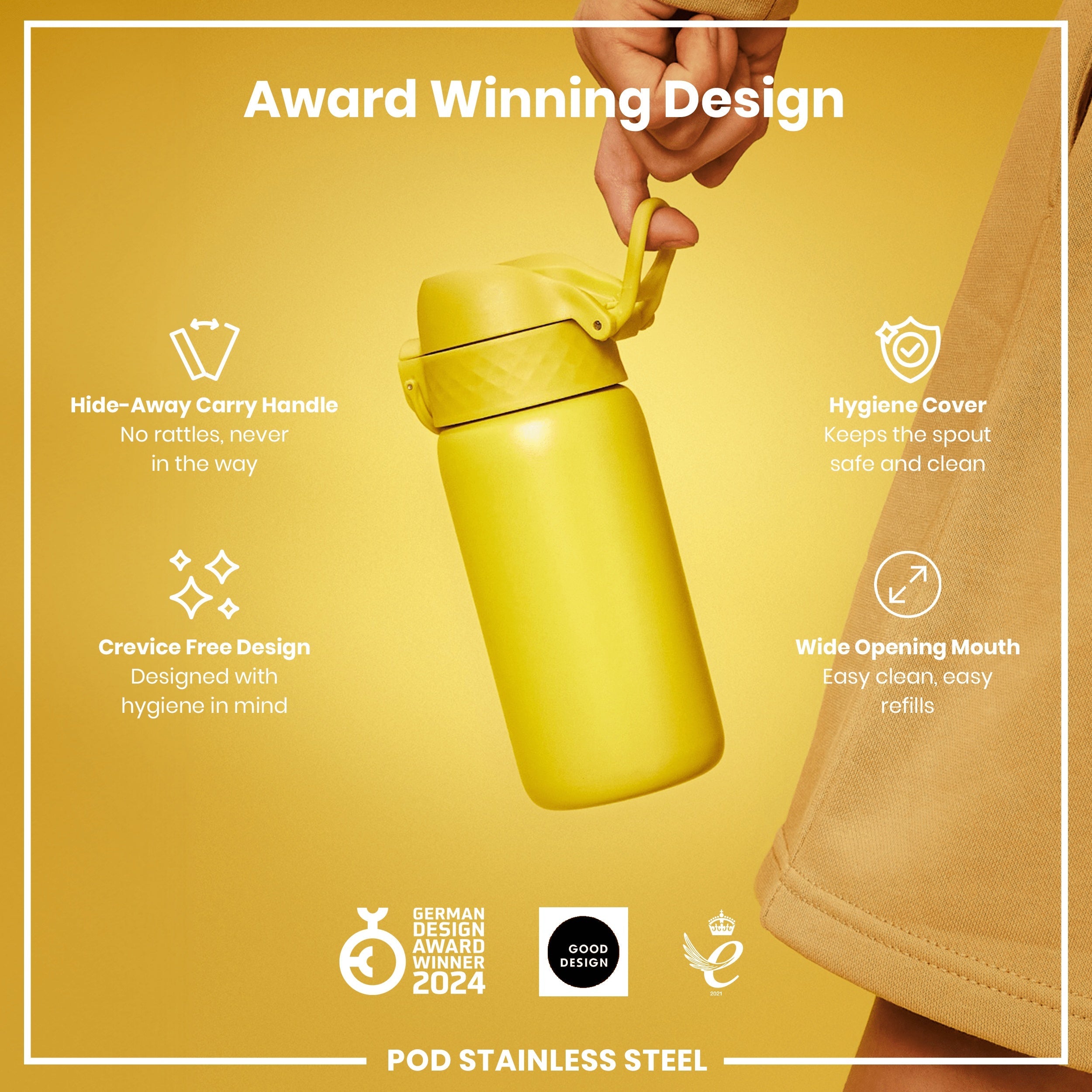 Leak Proof Kids Water Bottle, Stainless Steel, Yellow, 400ml (13oz)