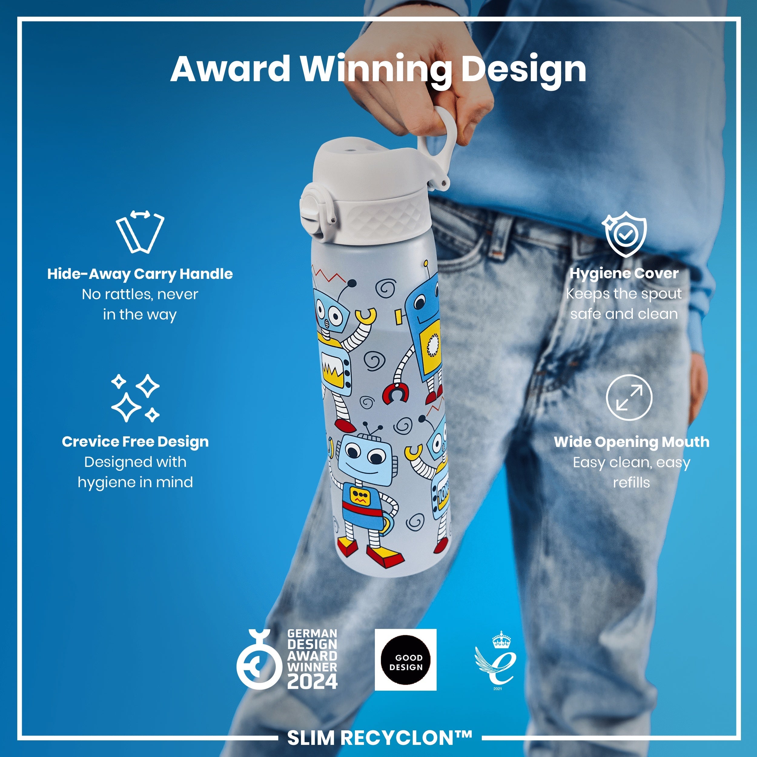 Leak Proof Slim Water Bottle, Recyclon, Robots, 500ml (18oz)