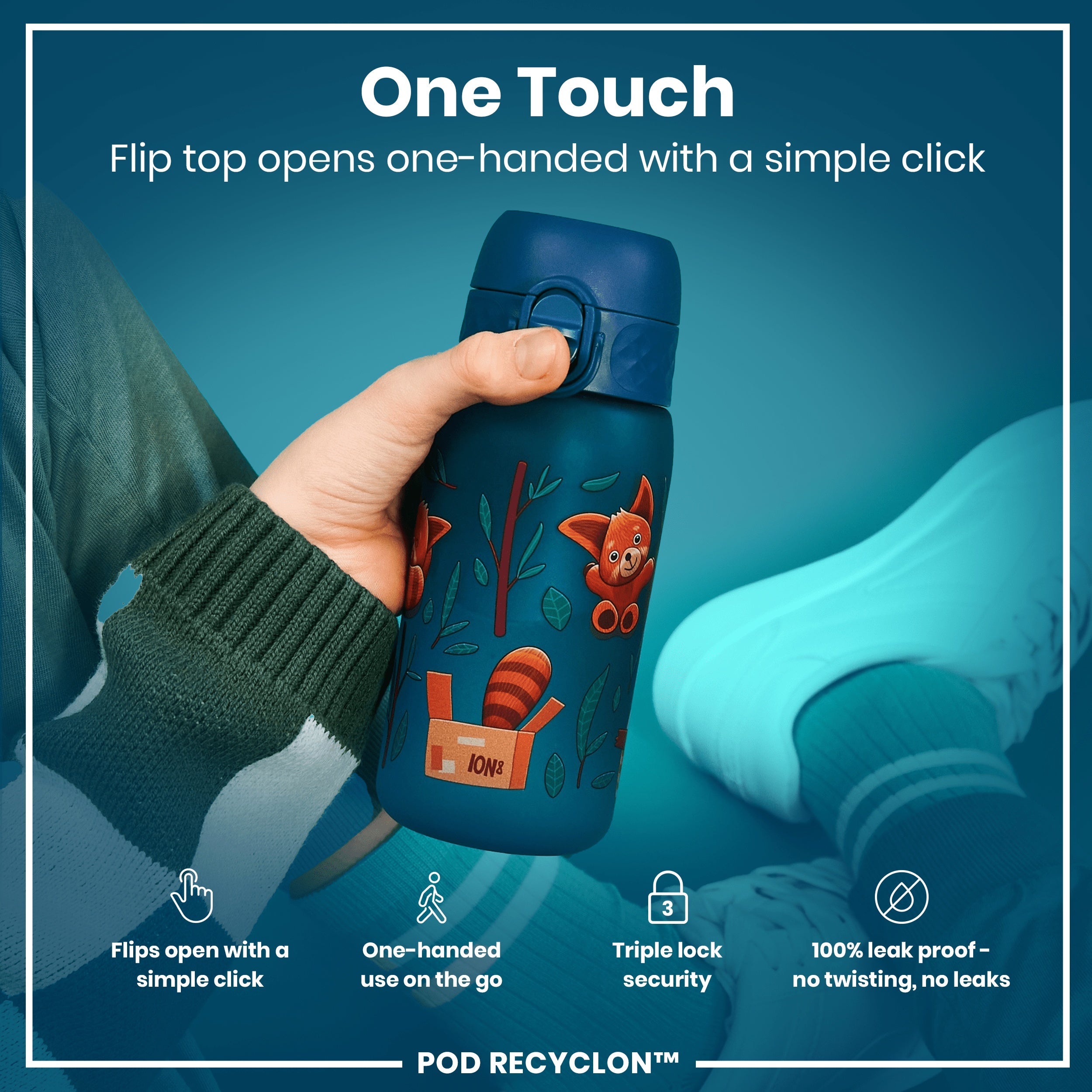 Leak Proof Kids Water Bottle, Recyclon, Red Pandas, 350ml (12oz)