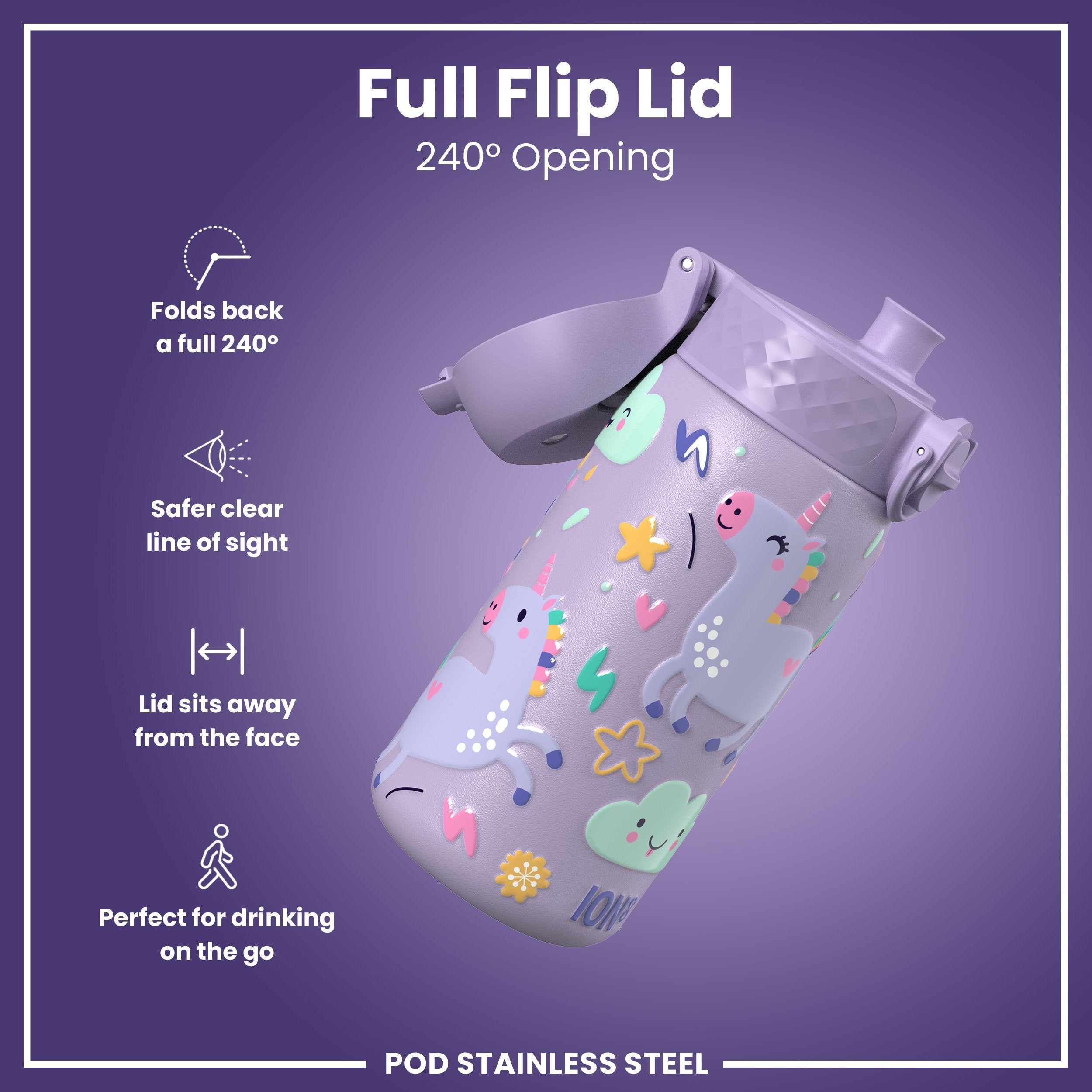 Leak Proof Kids Water Bottle, Stainless Steel, Purple Unicorns, 400ml (13oz)