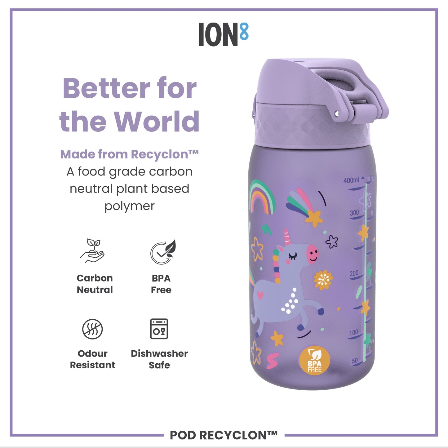 Leak Proof Kids Water Bottle, Recyclon, Purple Unicorns, 350ml (12oz)
