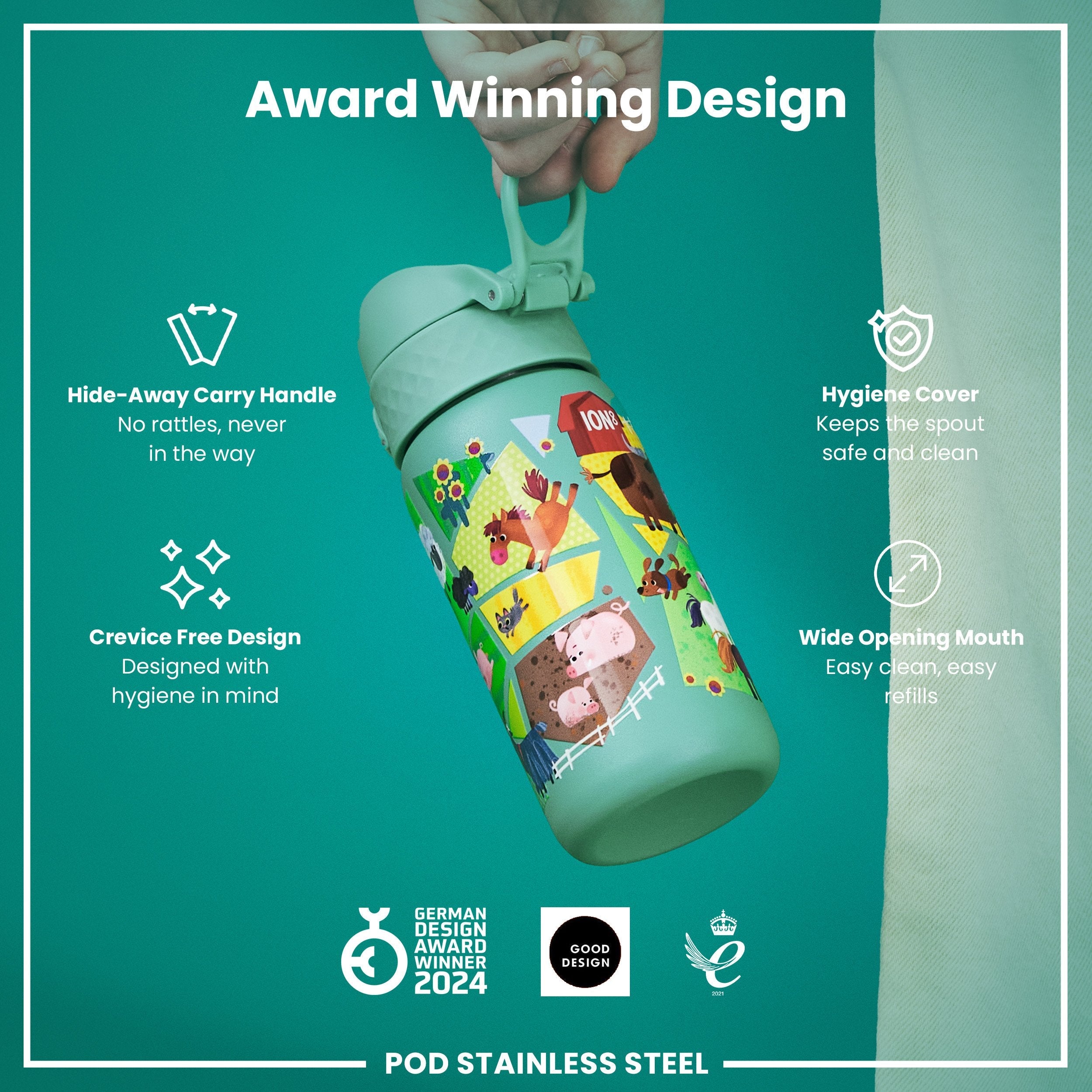 Leak Proof Kids Water Bottle, Stainless Steel, Farming Animals, 400ml (13oz)