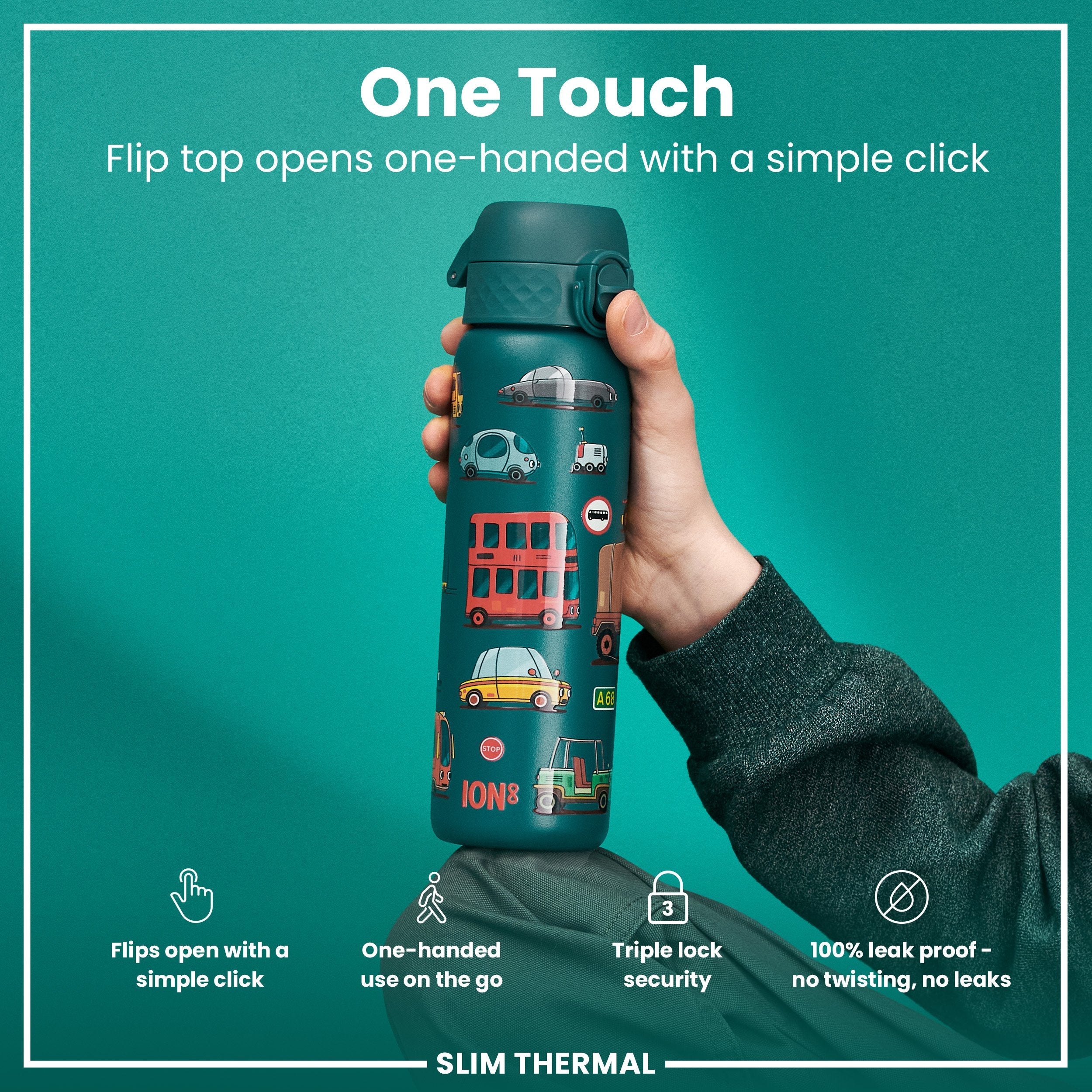 Leak Proof Slim Thermal Steel Water Bottle, Insulated, Automobiles, 500ml (17oz)