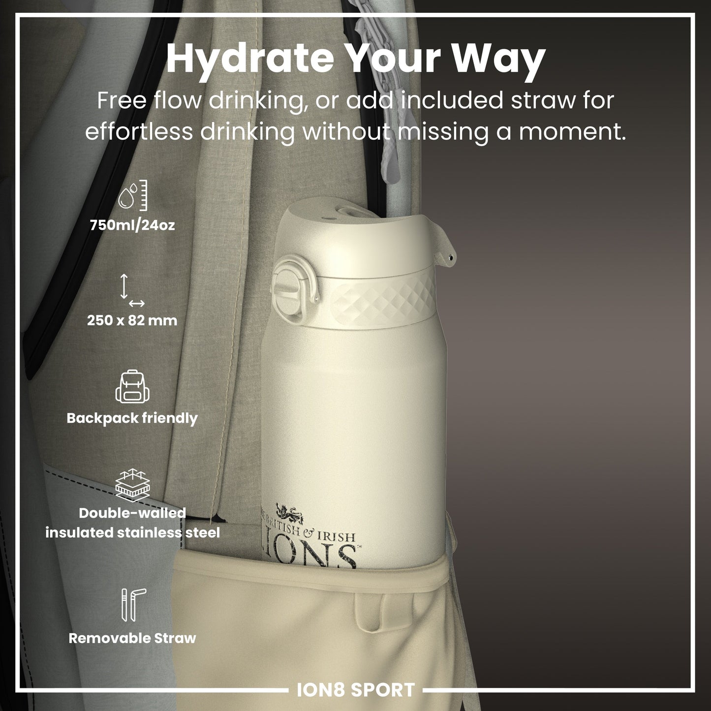 Lions X ION8 Insulated Steel Water Bottle, British & Irish Lions, Crest, 750ml (24oz)