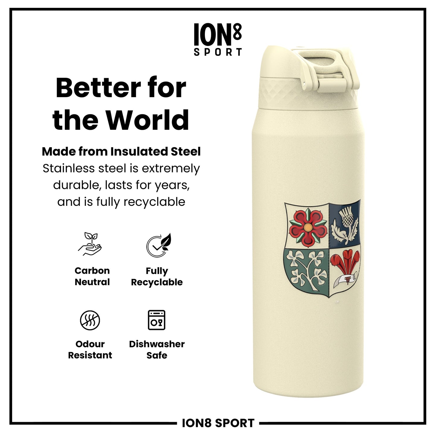 Lions X ION8 Insulated Steel Water Bottle, British & Irish Lions, Crest, 750ml (24oz)