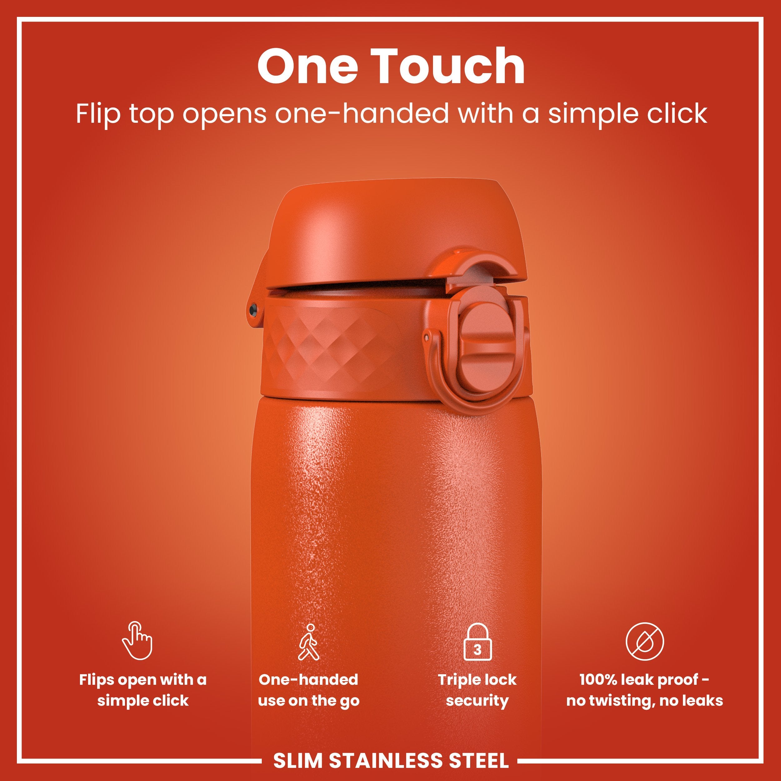 Leak Proof Slim Water Bottle, Stainless Steel, Hearty Orange, 600ml (20oz)
