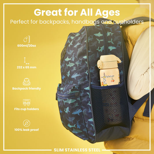 Leak Proof Slim Water Bottle, Stainless Steel, Diggers, 600ml (20oz)