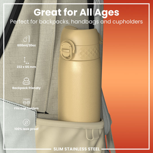 Leak Proof Slim Water Bottle, Stainless Steel, Desert, 600ml (20oz)