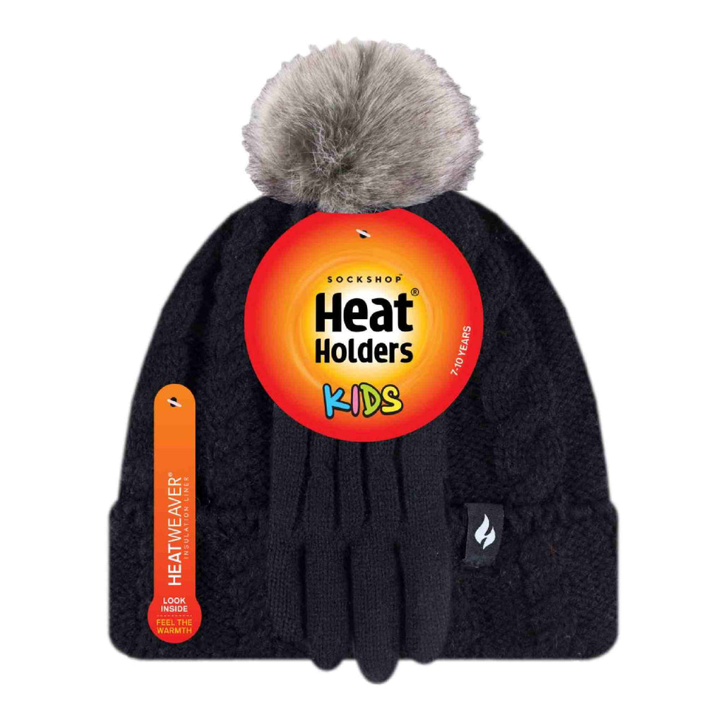 Girls Cable Knit Bobble Pom Pom Thermal Hat & Gloves Set