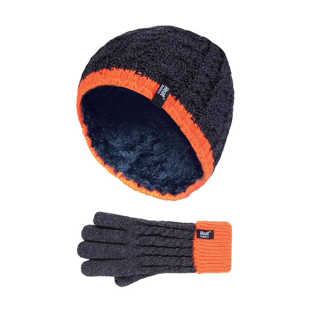 Boys Cable Knit Warm Fleece Lined Thermal Winter Hat & Gloves Set