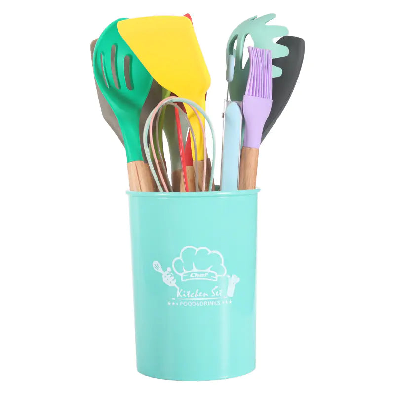 11-Piece Colourful Silicone Kitchen Utensil Set with Storage Bucket