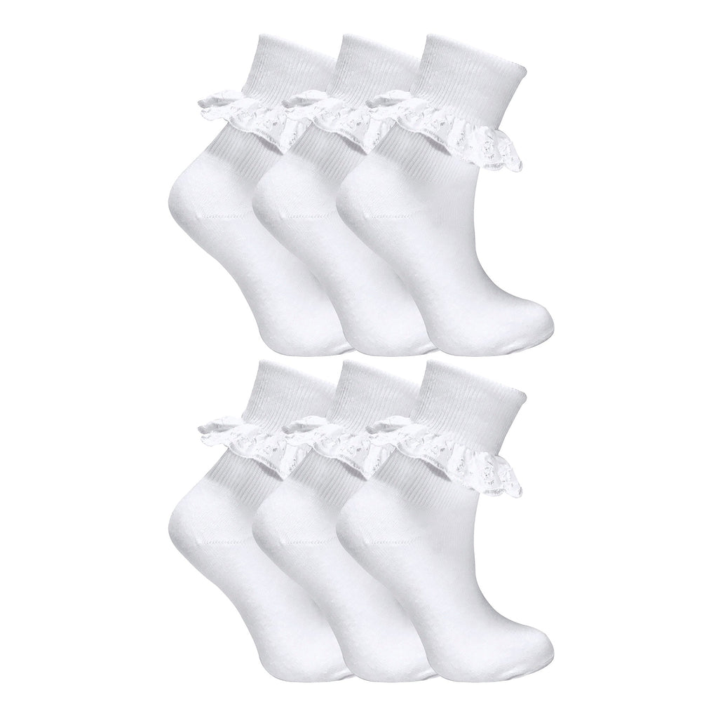 6 Pack Girls Frilly Fancy Lace Cotton Socks