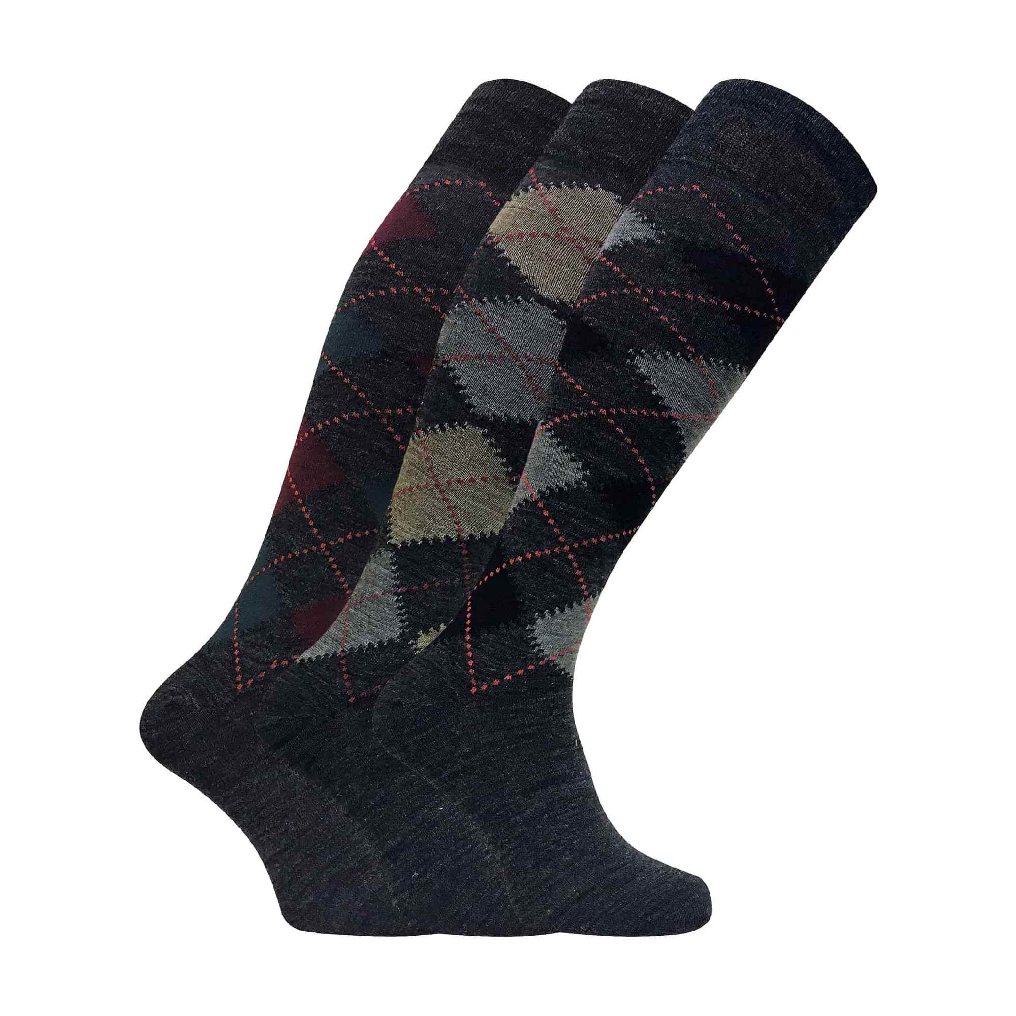 3 Pack Mens Extra Long Knee High Argyle Lambs Wool Socks