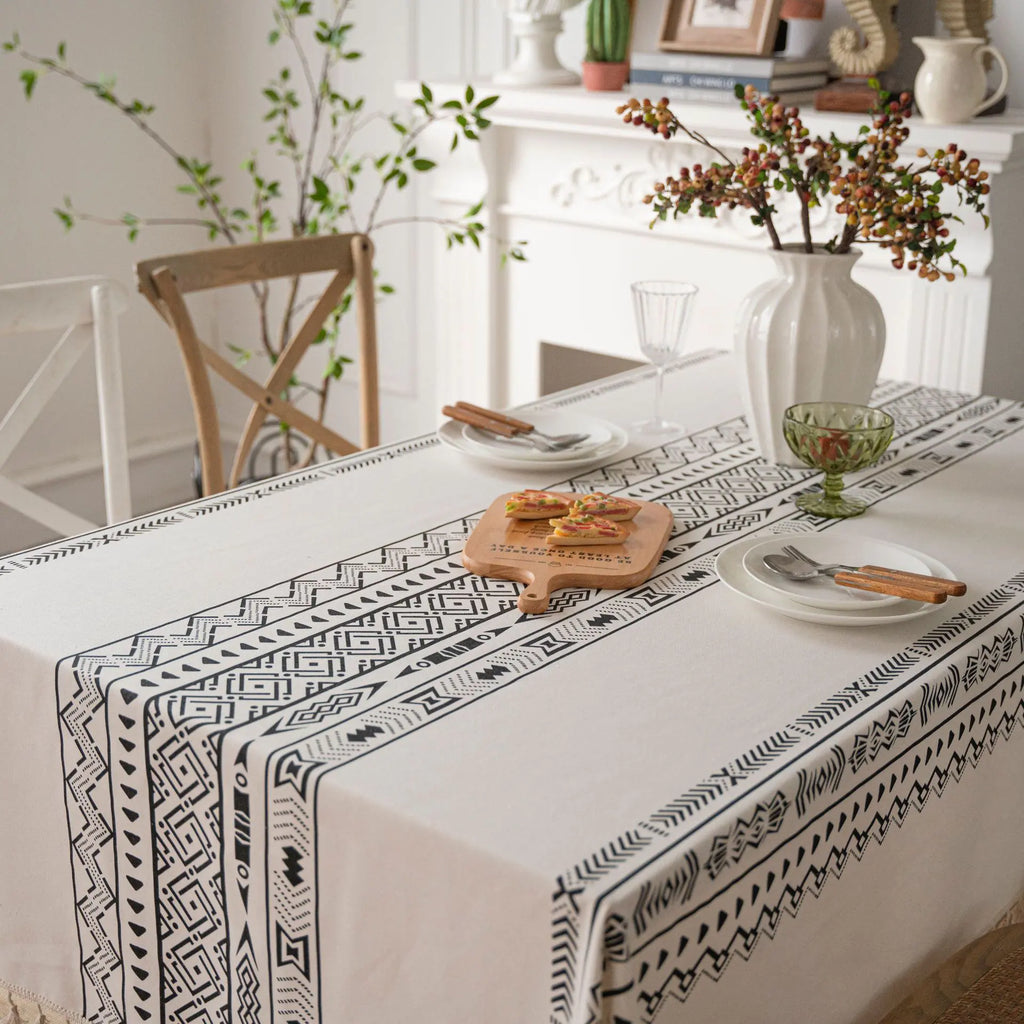Geometric Black Tassel Waterproof Rectangular Tablecloth