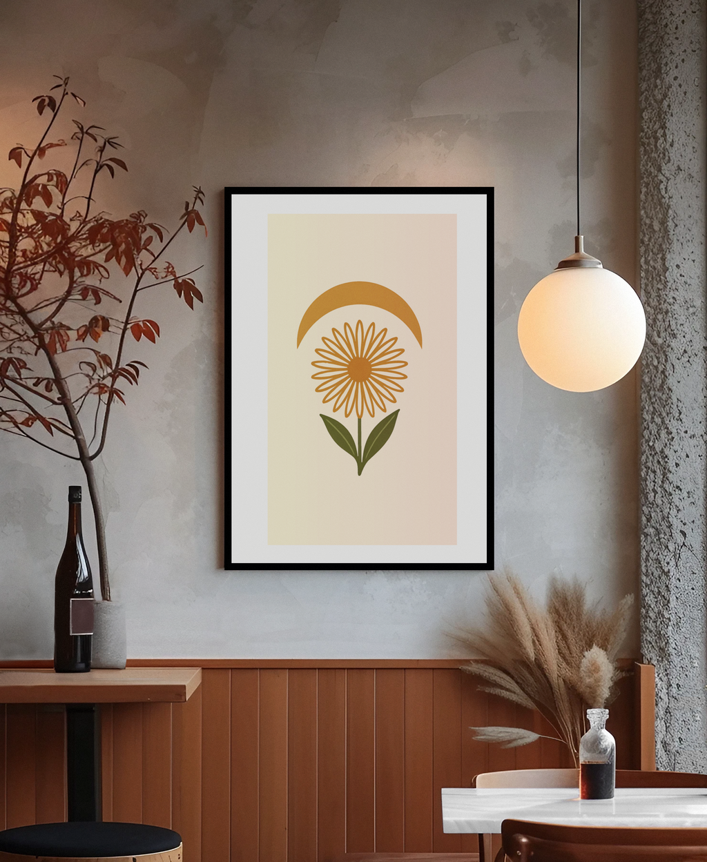 Minimal Flower & Crescent Print - Boho Botanical Poster | Earthy Modern Wall Art