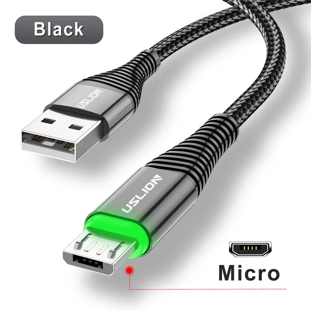 USLION LED 3A USB Type C Cable Micro USB Fast Charging Wire For Samsung Xiaomi Huawei Mobile phone Charge USB C Data Charge Cord
