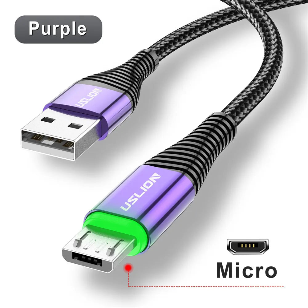USLION LED 3A USB Type C Cable Micro USB Fast Charging Wire For Samsung Xiaomi Huawei Mobile phone Charge USB C Data Charge Cord