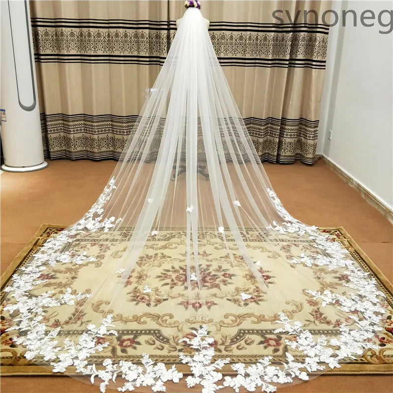One Layer Cathedral Wedding Veil 3m/4m/5m White Lace Edge Bridal Veil with Comb