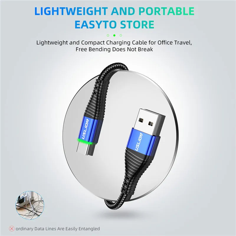 USLION 0.5m/1m/2m LED 3A USB Type C Cable Fast Charge Wire for Samsung Galaxy Xiaomi Huawei Note 7 Data USB-C Cable Charger Cord