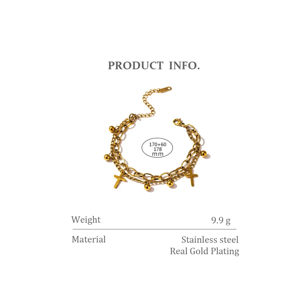 Yhpup Stainless Steel Cross Layered Bracelet for Women Charm Metal 14 K Plated Trendy Golden Wrist Unique Design Jewelry брелок