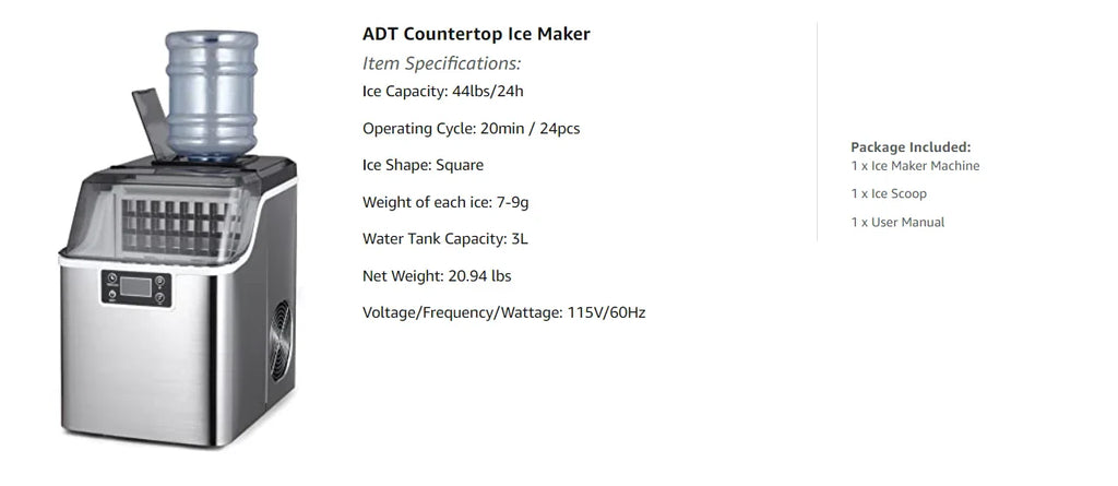 Hicon Countertop Ice Maker Machine 1 Gallon Auto Self-Cleaning Square Ice 44Lbs/24H 24 Pcs Ice Cubes in 15 Mins with Ice Scoop
