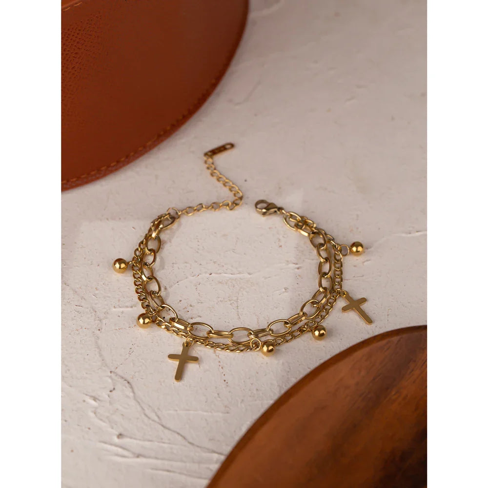 Yhpup Stainless Steel Cross Layered Bracelet for Women Charm Metal 14 K Plated Trendy Golden Wrist Unique Design Jewelry брелок