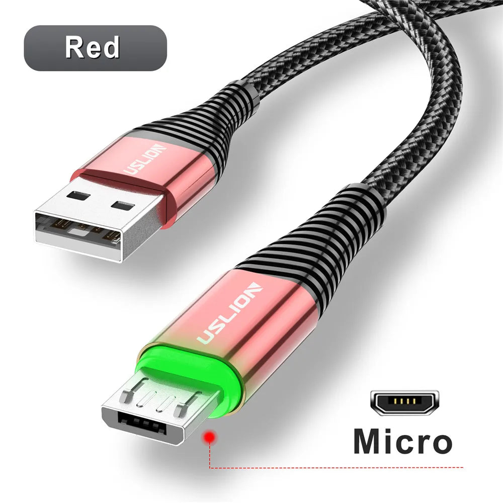 USLION LED 3A USB Type C Cable Micro USB Fast Charging Wire For Samsung Xiaomi Huawei Mobile phone Charge USB C Data Charge Cord