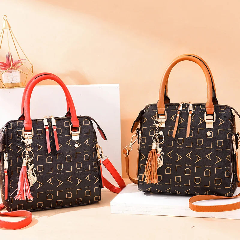 Fashion English Letter Handbag Women PU Leather Tassel Top-Handle Bag Luxury Shoulder Bag Large Capacity Lady Tote Design Purse