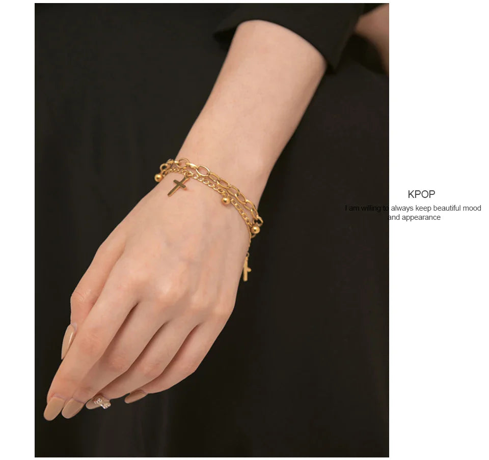 Yhpup Stainless Steel Cross Layered Bracelet for Women Charm Metal 14 K Plated Trendy Golden Wrist Unique Design Jewelry брелок