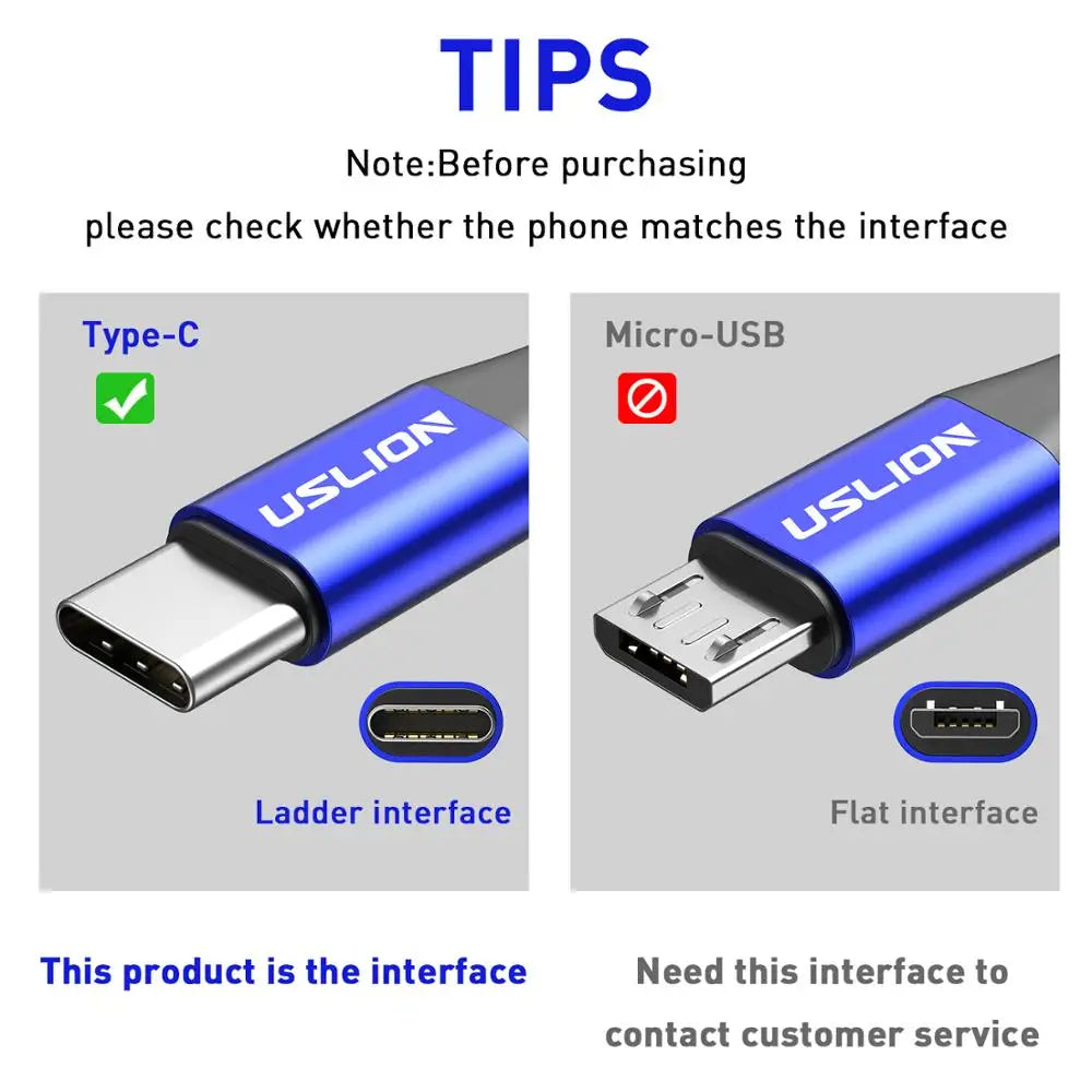 USLION 3A USB Type C Cable Fast Charging Wire for Samsung Galaxy S8 S21 Plus Xiaomi mi11 Huawei Mobile Phone USB C Charger Cable