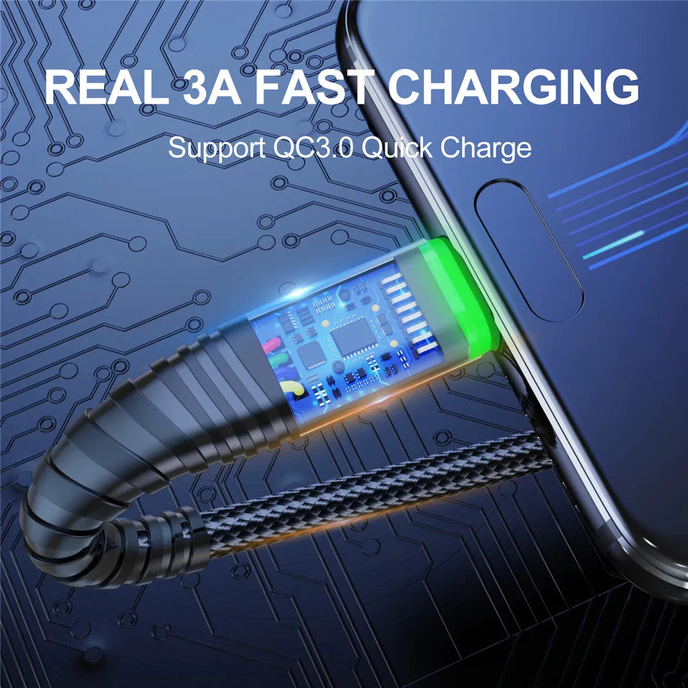 USLION LED 3A USB Type C Cable Micro USB Fast Charging Wire For Samsung Xiaomi Huawei Mobile phone Charge USB C Data Charge Cord