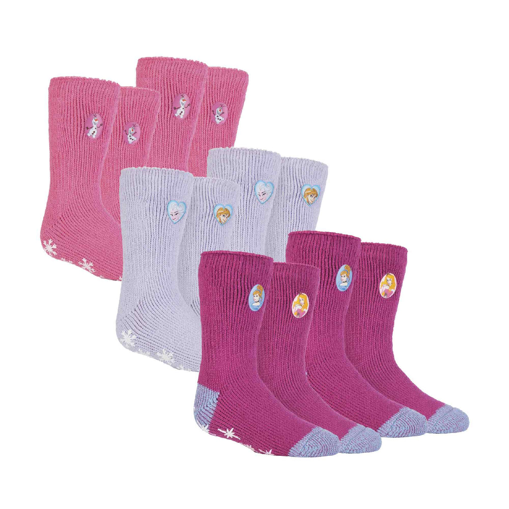 6 Pack Girls Non Slip Frozen Olaf and Princess Socks