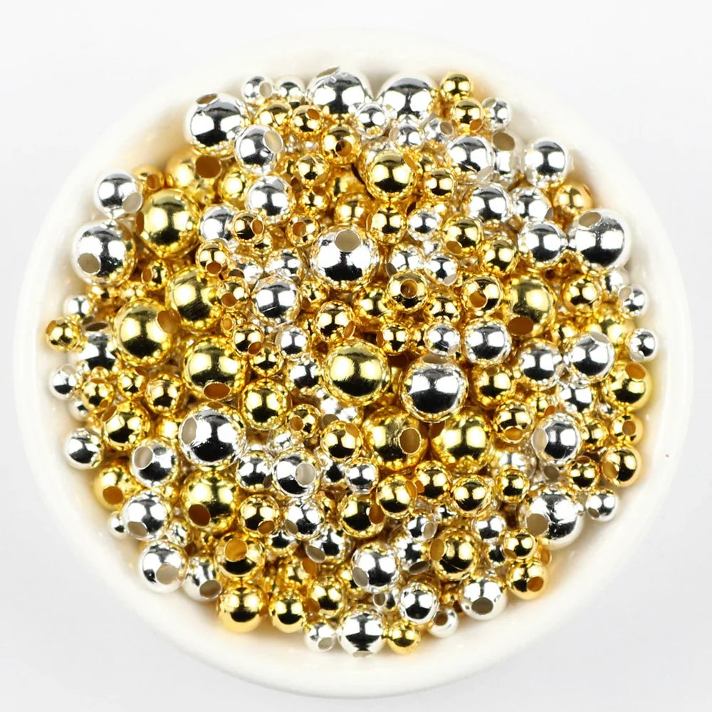 JHNBY Gold Plated Metal beads 2/3/4/5/6/8MM Round Iron Spacer Loose Beads For Jewelry Bracelets Necklace Making DIY Accessories